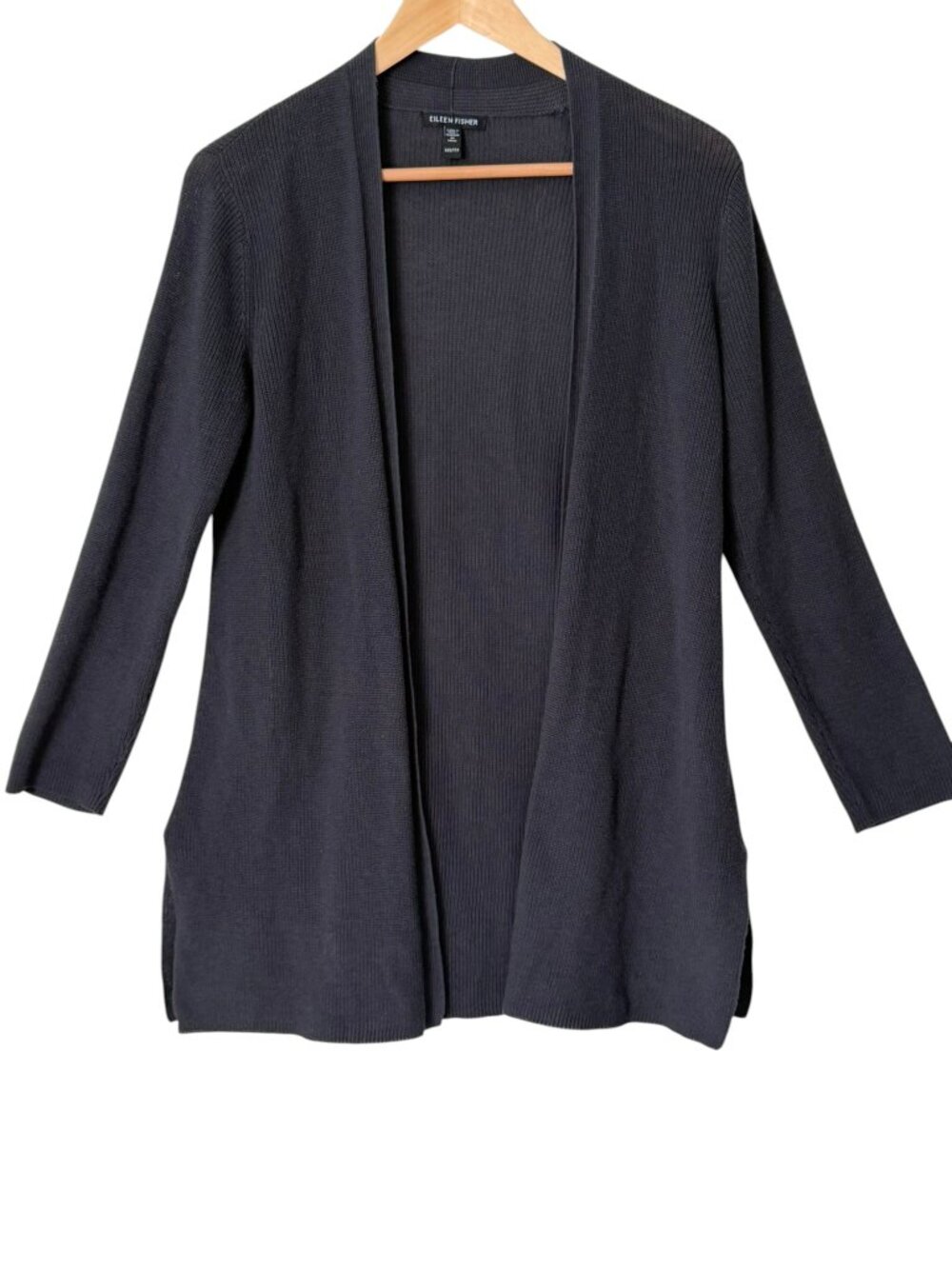 Eileen Fisher 100% Organic Cotton Ribbed Open-Front Cardigan Charcoal Gray XXS